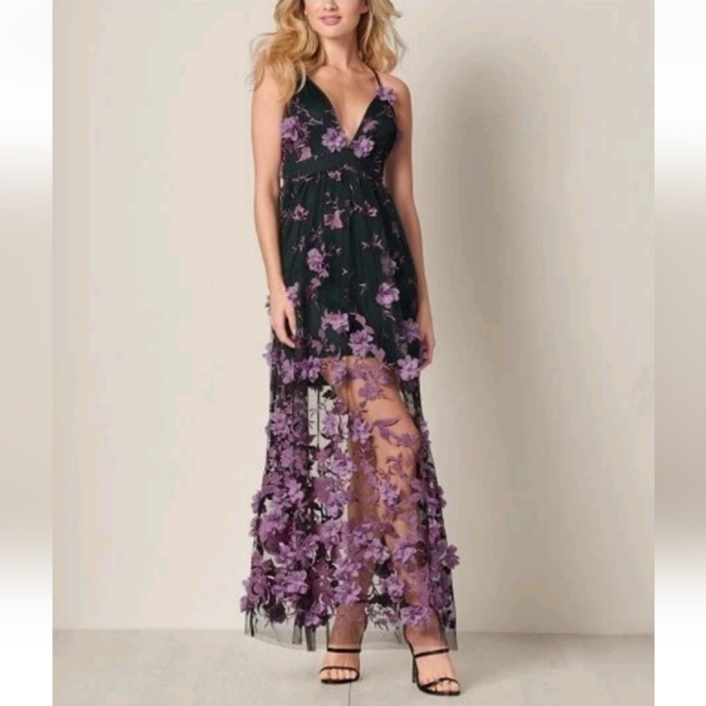 Venus Womens Lavender Black Floral 3-D Applique‎ Mesh Layered Maxi Dress Size 8 - Picture 10 of 11